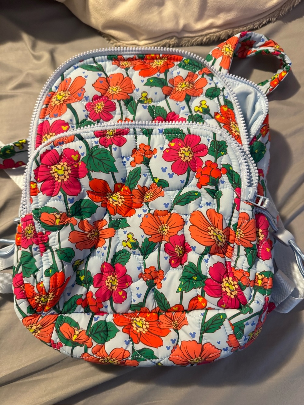Vera Bradley White Mini Mickey Meadows  Backpack with Orange & Pink Floral Print